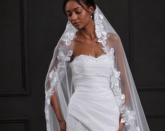 Velo de novia catedral de encaje floral, velo de novia vintage con flores, velo mantilla romántico color marfil, accesorio de boda de encaje español para iglesia.