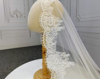 Cathedral Mantilla Veil Eyelash Lace, Mantilla Veil Cathedral Length, Ivory Chantilly Lace Bridal Veil, Cathedral Lace Wedding Veil
