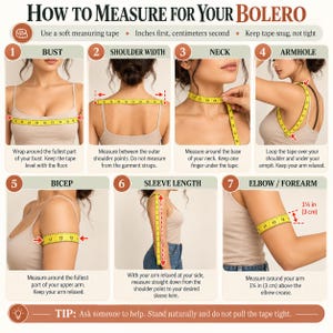 May include: An instructional infographic titled How to Measure for Your Bolero, featuring seven numbered steps with yellow measuring tape illustrations demonstrating how to measure the bust, shoulder width, neck, armhole, bicep, sleeve length, and elbow.