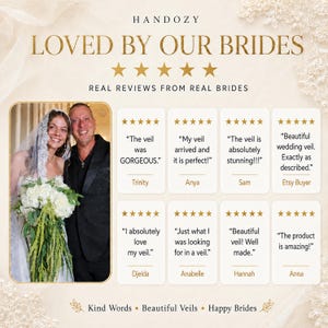 Puede incluir: Un gr&aacute;fico titulado HANDOZY LOVED BY OUR BRIDES con cinco estrellas doradas y ocho cuadros de rese&ntilde;as de clientes. Cada cuadro contiene una calificaci&oacute;n de cinco estrellas y testimonios de compradores, junto a una foto de alguien con velo.