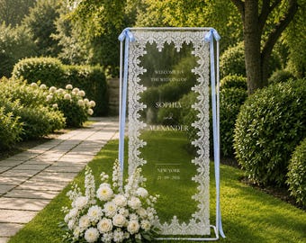Wedding Welcome Sign Lace, Custom Fabric Sign, Personalized Sheer Banner, Wedding Crest Design, Blue Ribbon Sign, Vintage Wedding Backdrop