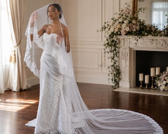Velo de novia catedral, mantilla española, ribete de encaje Chantilly, peineta nupcial