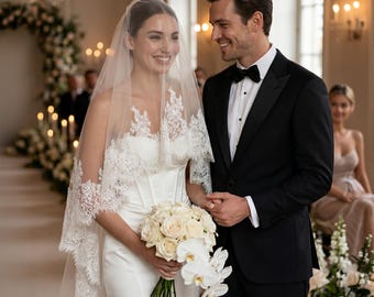 Velo de encaje mantilla catedral, marfil nupcial, pestañas florales, velo de novia Chantilly festoneado