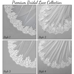 Puede incluir: Un collage titulado Premium Bridal Lace Collection que muestra cuatro velos de novia blancos distintos. Cada velo presenta un borde de encaje floral blanco &uacute;nico a lo largo del borde curvo, etiquetado como Style 1, 2, 3 y 4 en las esquinas.