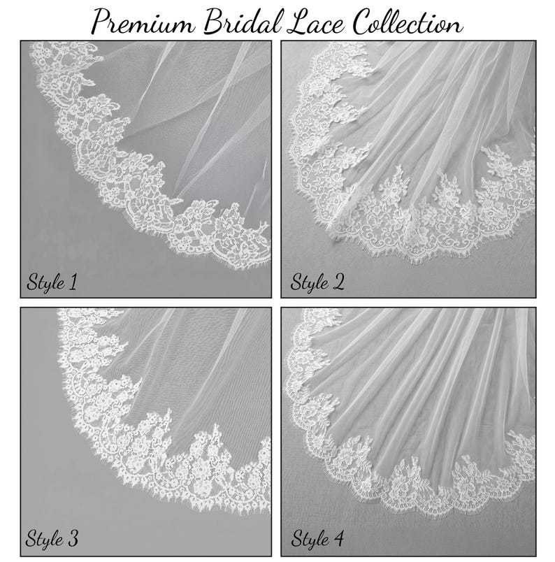 Puede incluir: Un collage titulado Premium Bridal Lace Collection que muestra cuatro velos de novia blancos distintos. Cada velo presenta un borde de encaje floral blanco &uacute;nico a lo largo del borde curvo, etiquetado como Style 1, 2, 3 y 4 en las esquinas.