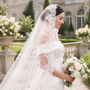 Puede incluir: Un velo de novia blanco hasta el suelo con un intrincado borde de encaje floral, usado sobre un vestido de sat&eacute;n blanco con hombros descubiertos. El velo es transparente y cae con elegancia, junto a un ramo de rosas blancas y follaje.
