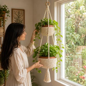 May include: A two-tier cream-colored macrame plant hanger featuring thick braided cords and two deep, woven baskets. The structure is suspended from a wooden ring at the top and finished with a long, decorative tassel at the bottom.