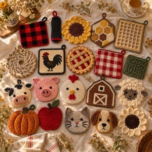 May include: A collection of various crocheted potholders and coasters featuring diverse shapes and patterns, including a red and black buffalo check square, a sunflower, a honeycomb, a rooster, a pie, a barn, and animal faces like a cow, pig, and sheep.