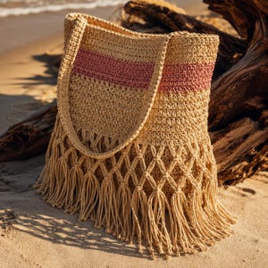 May include: A beige crochet tote bag featuring a horizontal dusty pink stripe across the upper section. The lower portion of the bag displays an intricate macrame net pattern that transitions into long, dangling fringe tassels at the base.