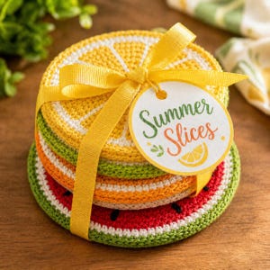 May include: A set of crocheted fruit slice coasters, including lemon, orange, and watermelon designs. The coasters are tied with a yellow ribbon and a tag that reads "Summer Slices". The coasters are displayed on a wooden surface.