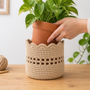 May include: A beige crochet plant pot cover with a scalloped top edge and rectangular cutouts. A terracotta pot with a green leafy plant sits inside the cover. The cover is on a wooden surface.