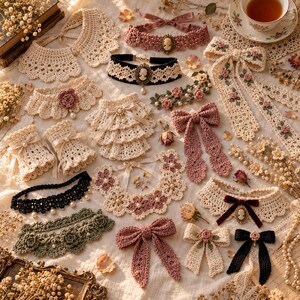 May include: A collection of crochet accessories including lace collars, chokers with cameo pendants, wrist cuffs, and bows in cream, dusty rose, black, and sage green. The items feature intricate floral patterns, pearl accents, and velvet ribbons.