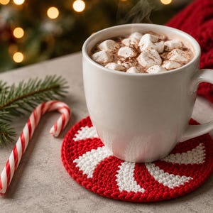 May include: A white ceramic mug filled with hot cocoa topped with white marshmallows and a dusting of cocoa powder, resting on a round red and white crocheted peppermint-patterned coaster, accompanied by a red and white candy cane.