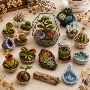 May include: A collection of miniature crochet plants and terrariums, including a geometric glass terrarium with a bonsai tree, a mason jar terrarium, a snail, a venus flytrap, a pitcher plant, cacti, mushrooms, and a small brown crochet case.