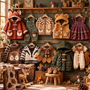 May include: A collection of children's crochet clothing items including hooded jackets, sweaters, overalls, and dresses featuring woodland animal motifs like foxes, bears, and hedgehogs, displayed on wooden hangers against a green wall.