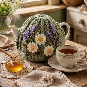 Cottagecore Wildflower Teapot Cozy Crochet Pattern PDF, Ribbed Tea Cozy Daisies