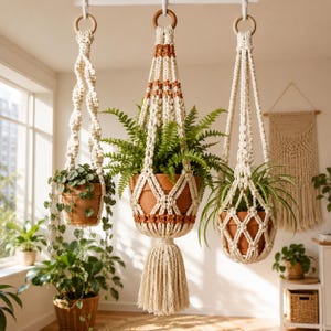 May include: Three macrame plant hangers made of off-white cord with wooden rings at the top. The hangers hold terracotta pots containing a trailing vine, a fern, and a spider plant. The centre hanger features brown cord accents and a long tassel.
