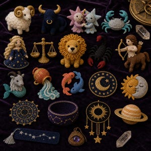 May include: A collection of twenty-two crocheted items featuring zodiac signs, celestial bodies, and mystical symbols. The set includes figures of a ram, bull, twins, crab, maiden, scales, lion, scorpion, centaur, goat, water bearer, and two fish.