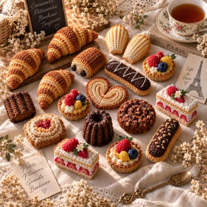Peut inclure: Une collection de pâtisseries miniatures au crochet comprenant des croissants, des tartes aux fruits, des éclairs et des gâteaux. Les articles présentent des textures et des couleurs réalistes, disposés sur un tissu avec des fleurs séchées.