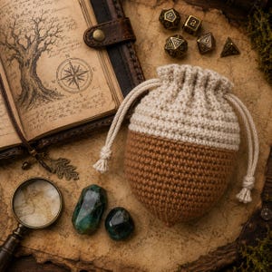 Crochet Acorn Dice Pouch Pattern PDF | Drawstring Goblincore Dice Bag | DnD Dice Holder Beginner