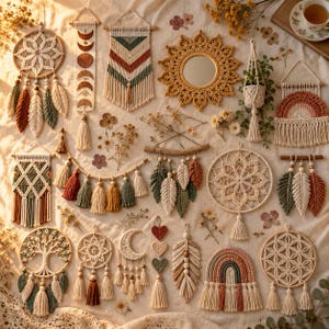 May include: A collection of macrame wall hangings including dreamcatchers, a sun-shaped mirror, rainbow tapestries, and leaf-shaped ornaments. The items feature cream, sage green, terracotta, and mustard yellow cotton cord with wooden beads.