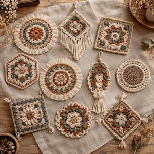 May include: A collection of ten crocheted items in various shapes including circles, squares, hexagons, and diamonds. The pieces feature a color palette of cream, sage green, and rust orange, with some designs incorporating fringe and wooden beads.