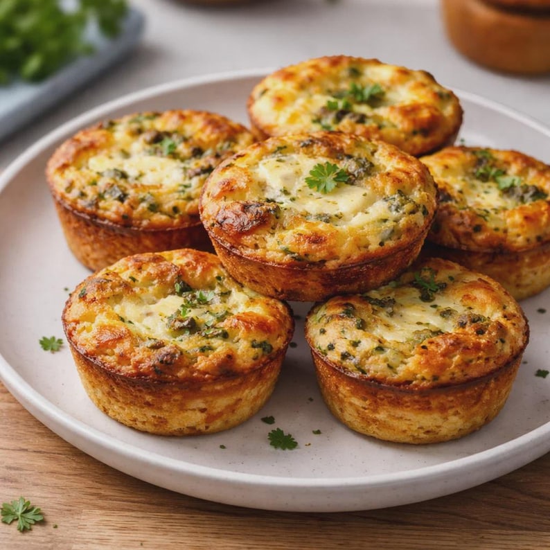 Puede incluir: Seis muffins salados dorados sobre un plato. Los muffins tienen un interior esponjoso con hierbas visibles y una cobertura cremosa y con queso. Ramitas de perejil fresco adornan la parte superior. El plato es claro y redondo.