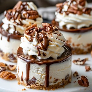 以下が含まれることがあります： グラハムクラッカーの土台、クリーミーなフィリング、ダークチョコレートガナッシュのトッピングが施された、3つのミニチーズケーキのクローズアップ。それぞれにホイップクリーム、チョコレートソース、ピーカンナッツがトッピングされています。デザートのフードフォトグラフィー。
