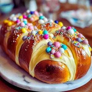 May include: A loaf of baked bread with a golden-brown crust, topped with white icing, colorful sprinkles, and pastel-colored candies. The bread sits on a white marble serving plate. A festive treat.