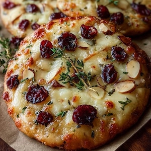 May include: Close-up of mini pizzas topped with melted cheese, dried cranberries, and sliced almonds. Sprigs of fresh thyme add a green accent. The crust is golden brown and slightly crispy.