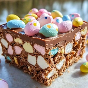 May include: A square of chocolate rocky road candy with colorful marshmallow pieces and chocolate eggs on top. The candy has a dark chocolate base and a layer of chocolate on top, with pastel-colored eggs.
