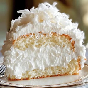 May include: A slice of coconut cake with layers of white frosting and shredded coconut topping. The cake sits on a decorative plate, showcasing the moist layers and fluffy frosting. The cake is a dessert.