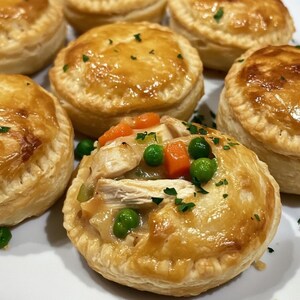 May include: Close-up of several golden-brown, baked chicken pot pies. One pie is open, revealing a filling of chicken, peas, and carrots. The pies are garnished with fresh parsley and sit on a white surface. The crusts are flaky and have a glossy finish.