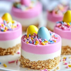 May include: Miniature Easter cheesecakes with a graham cracker crust, a white cream layer, and a pink top layer. Each is topped with a yellow or blue egg and colorful sprinkles. Several cheesecakes are arranged on a white surface.
