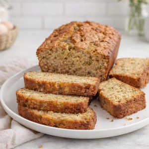 Op de afbeelding: Een versgebakken courgettebrood, gedeeltelijk gesneden, gepresenteerd op een wit bord. Het brood heeft een goudbruine korst en een vochtig binnenste met zichtbare stukjes courgette. Twee vierkante en drie rechthoekige plakken zijn zichtbaar.