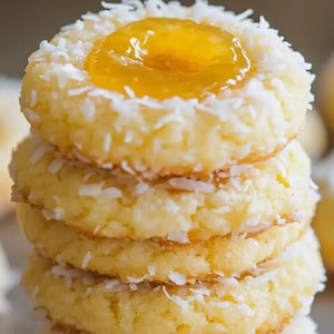 May include: A stack of four coconut cookies with a yellow jam center. The cookies are round, with a light yellow color and a coating of shredded coconut. The jam filling is a bright yellow and glossy.
