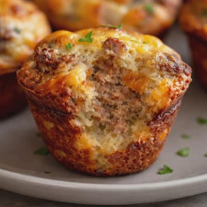 Puede incluir: Primer plano de un muffin salado para el desayuno con un mordisco, que revela un relleno de salchicha y huevo. El muffin tiene un exterior dorado, ligeramente crujiente y est&aacute; adornado con perejil fresco. Otros muffins est&aacute;n ligeramente borrosos en el fondo.