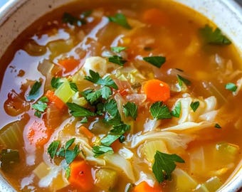 Receta de sopa de repollo, comida vegana saludable, idea de comida reconfortante, receta para cenas navideñas (descarga digital)