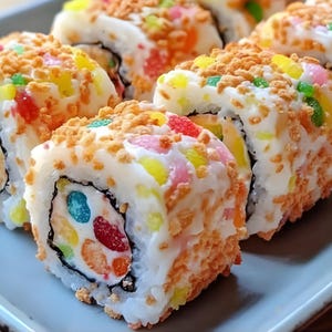 May include: Close-up of colorful sushi rolls. Each roll features a white exterior with colorful candies and a crunchy topping. The sushi filling includes a variety of colorful candies. The rolls are arranged on a light blue plate.