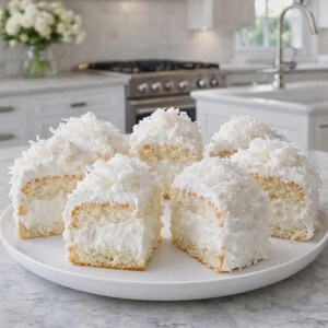 May include: Six slices of coconut cake arranged on a white plate. The cake has a white cream filling and is covered in shredded coconut. The background shows a kitchen with white cabinets and a stainless steel stove.