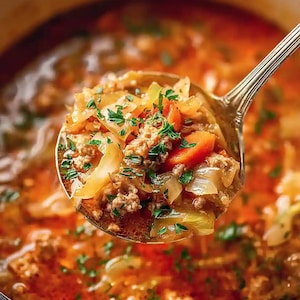 May include: A close-up of a ladle filled with cabbage soup. The soup contains ground meat, carrots, onions, and herbs. The soup is a vibrant orange color, and the ladle is silver.