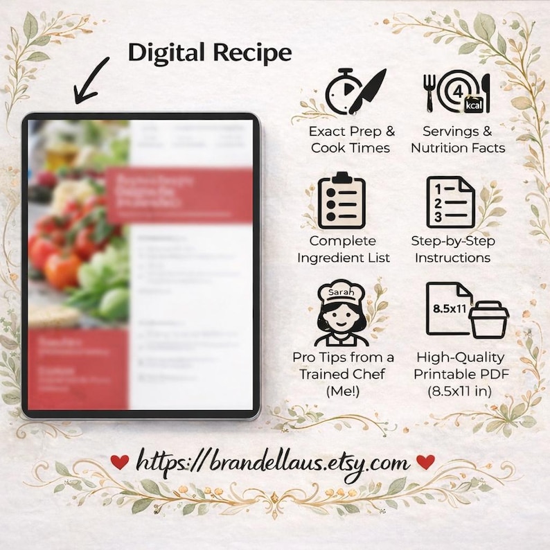 May include: Digital recipe displayed on a tablet, with icons for prep times, nutrition facts, ingredient lists, and step-by-step instructions. Includes a chef icon and a note about a high-quality printable PDF (8.5x11 in). The Etsy shop URL is also visible.