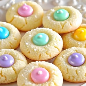 May include: Close-up of several round, pale yellow cookies with a colorful, circular dollop of frosting in the center. Frosting colors include pink, blue, green, yellow, and purple. Some cookies have a dusting of powdered sugar.