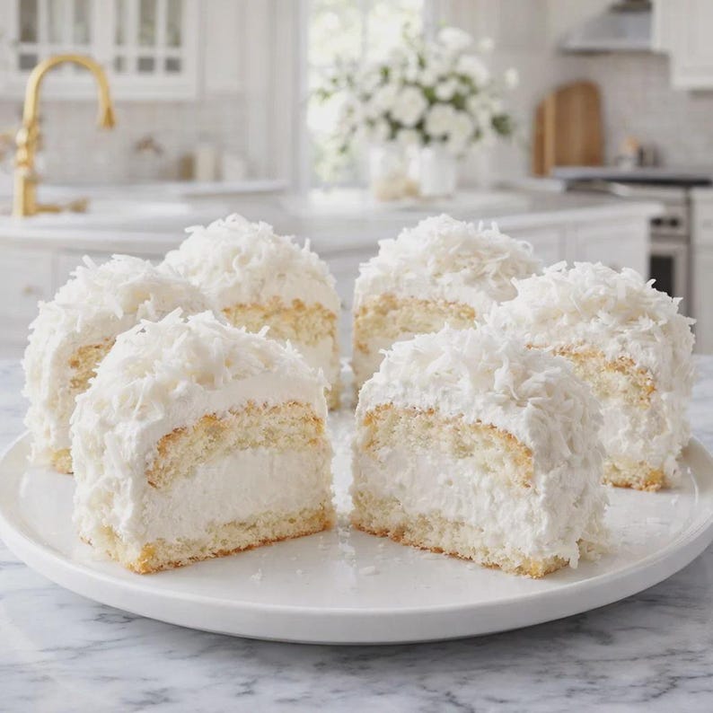 May include: A white plate holds several slices of coconut cake. Each slice has a light yellow cake base, a thick layer of white cream filling, and is covered in shredded coconut. The cakes are arranged on a white plate.