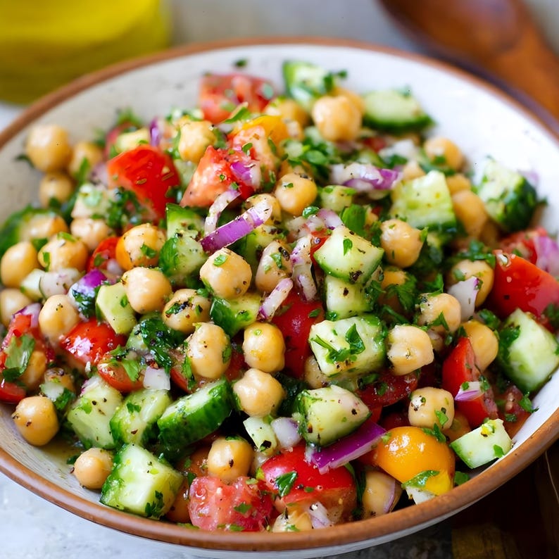 May include: A vibrant salad in a beige bowl, featuring chickpeas, diced red tomatoes, cucumbers, red onion, and fresh herbs. The salad is drizzled with a light dressing, creating a colorful and appetizing dish.