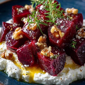 May include: A close-up of a gourmet dish featuring vibrant red beetroot cubes topped with walnuts and fresh herbs. The beetroot rests on a bed of creamy white cheese, drizzled with olive oil, creating an appetizing presentation.