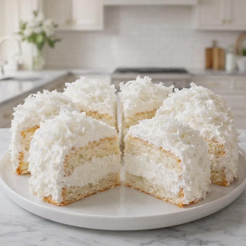 May include: A white frosted cake, sliced into six pieces, sits on a white plate. The cake is covered in white frosting and shredded coconut. The cake is on a white marble countertop in a kitchen setting.