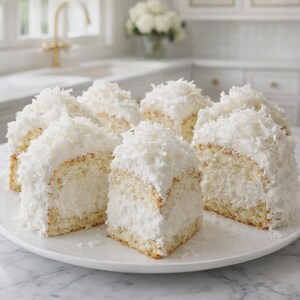 May include: A white plate holds several slices of coconut cake. Each slice has a light-colored cake base, a thick white cream filling, and is covered in shredded coconut. The cakes are arranged on a white plate.