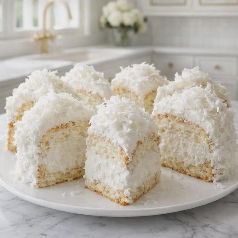 May include: A white plate holds several slices of coconut cake. Each slice has a light-colored cake base, a thick white cream filling, and is covered in shredded coconut. The cakes are arranged on a white plate.