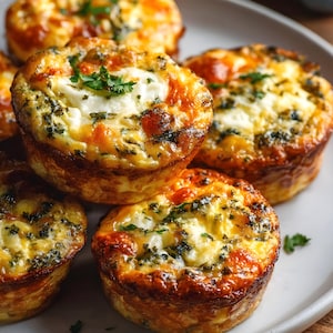 Puede incluir: Primer plano de varios muffins de huevo horneados en un plato gris claro. Los muffins tienen una corteza dorada con hierbas visibles y un relleno blanco cremoso. Se espolvorea perejil fresco por encima, realzando el atractivo visual del plato salado para el desayuno o el brunch.